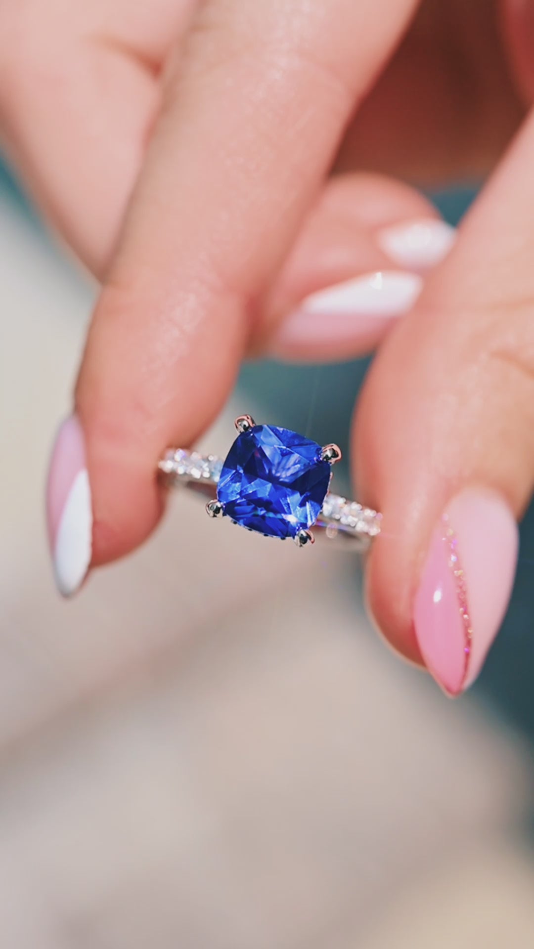Cushion Cut Tanzanite Ring in Sterling Silver (Hidden Halo)