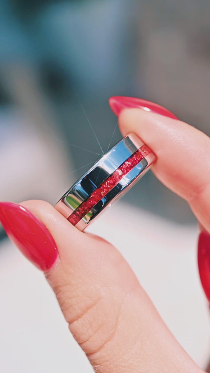Crushed Red Garnet Wedding Band in Tungsten (8mm)