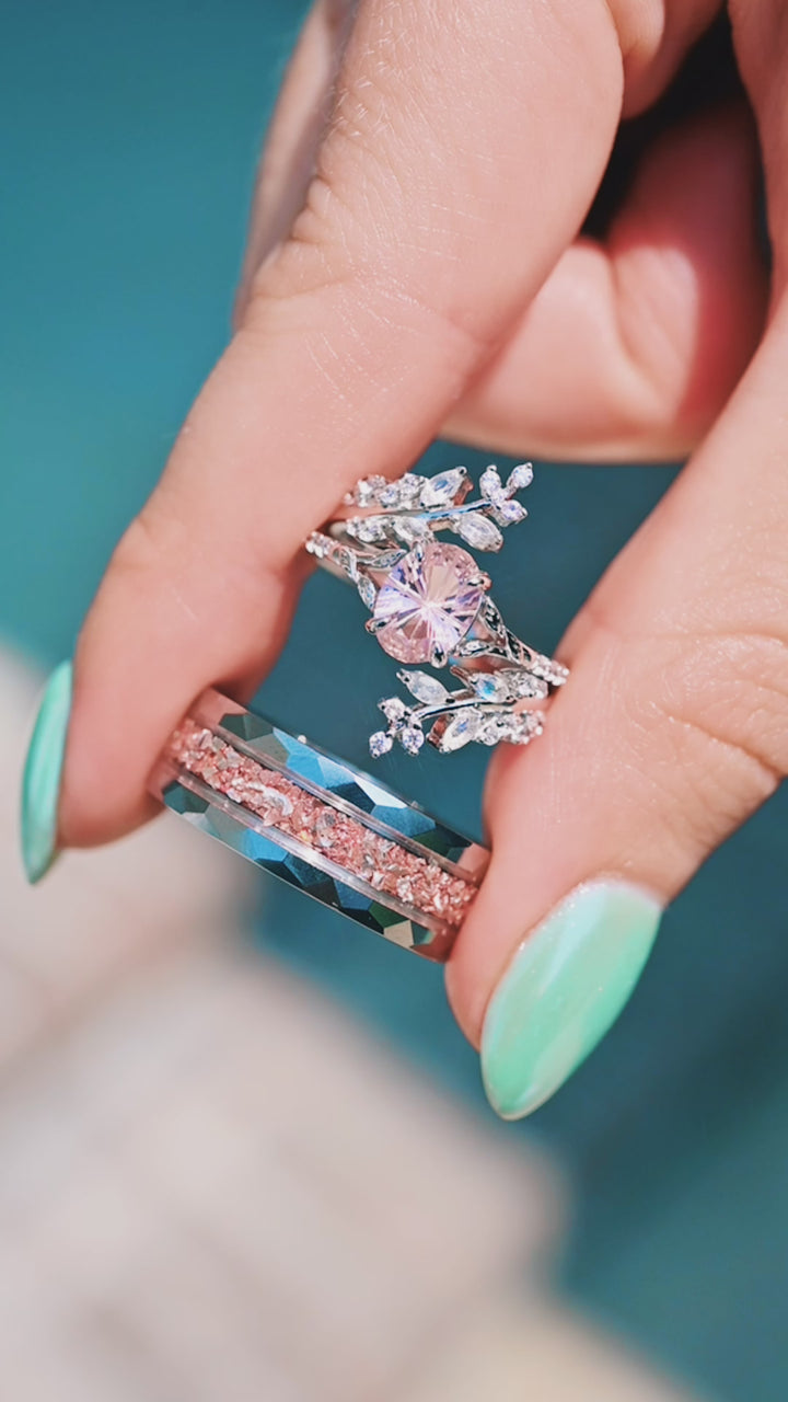 Morganite Fairy Leaf Ring Set- Sterling Silver (Fantasy Cut)