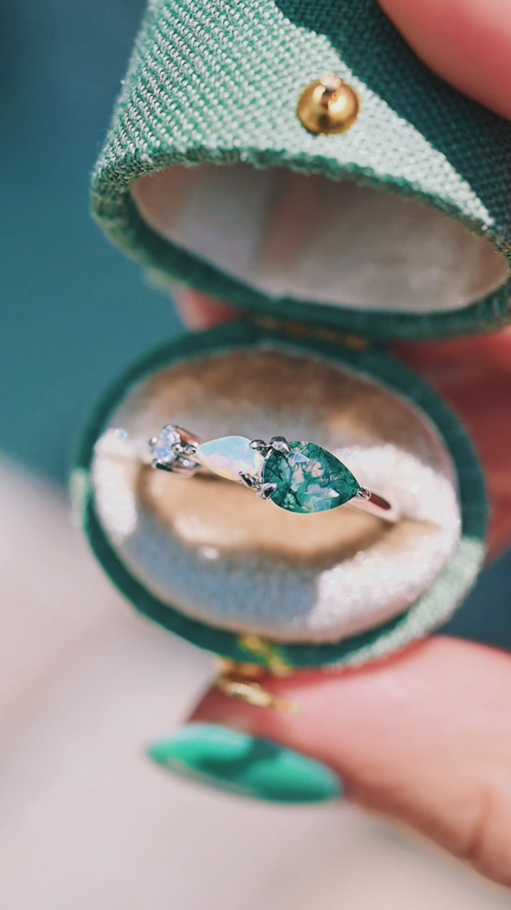 Natural Green Moss Agate & Fire Opal Ring- Sterling Silver