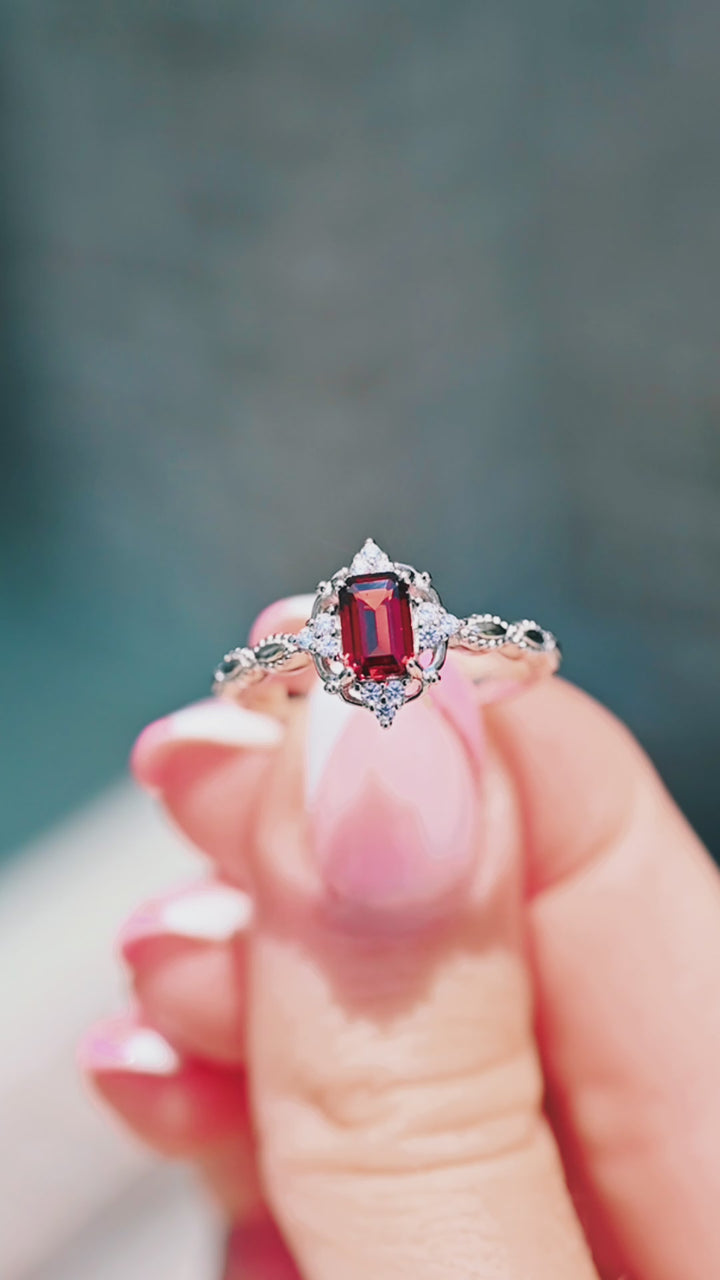 Claire Vintage Garnet Engagement Ring in 14K White Gold