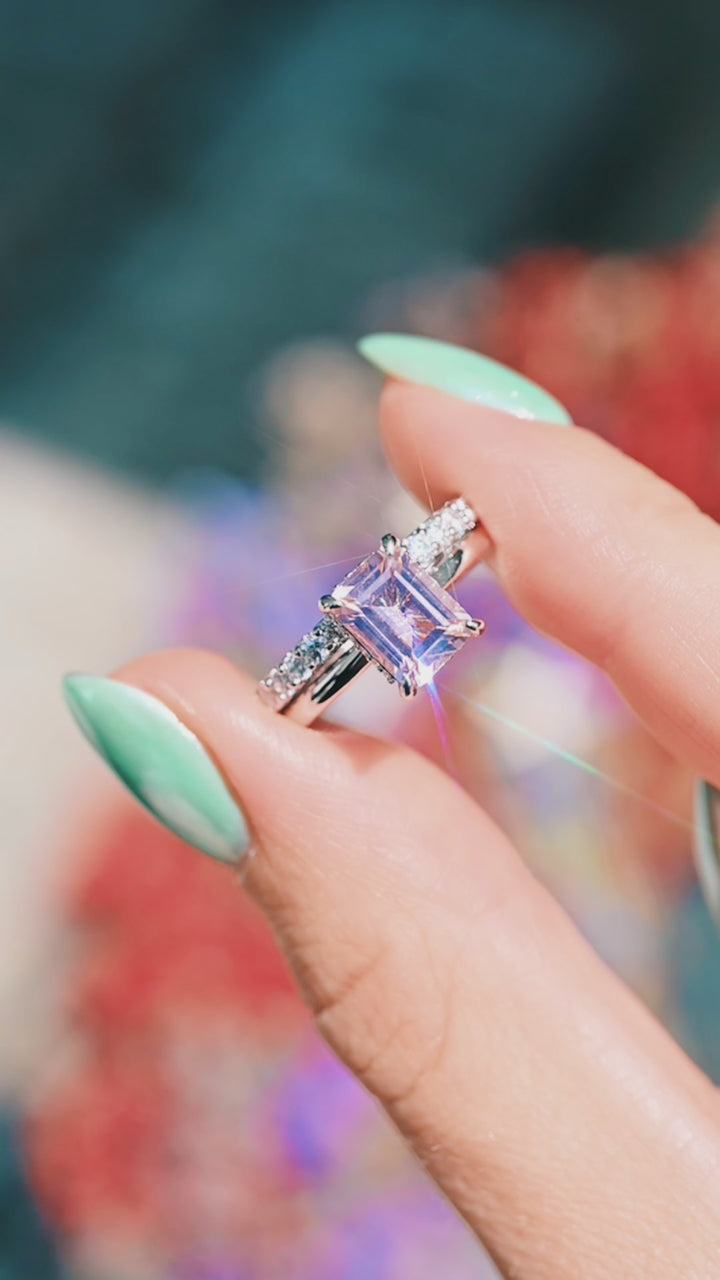 Hidden Halo Emerald Cut Morganite Ring- Sterling Silver