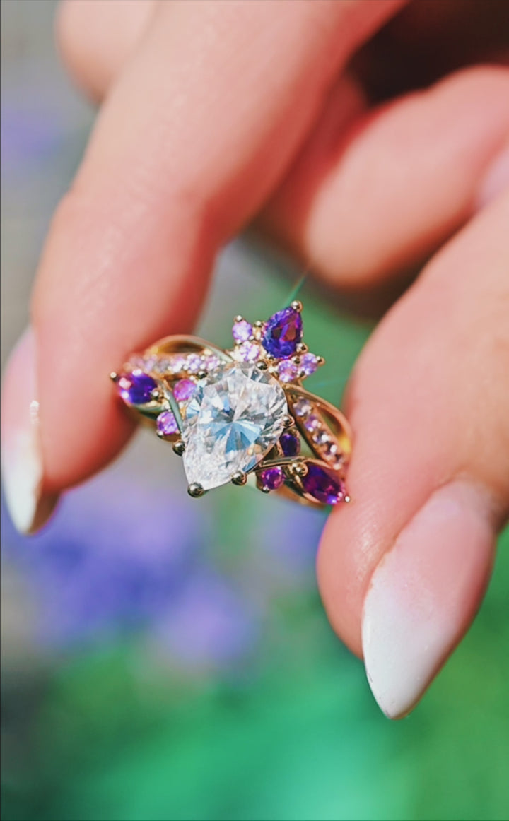 Feyra Amethyst & Moissanite Engagement Ring Set- 14K Solid Yellow Gold
