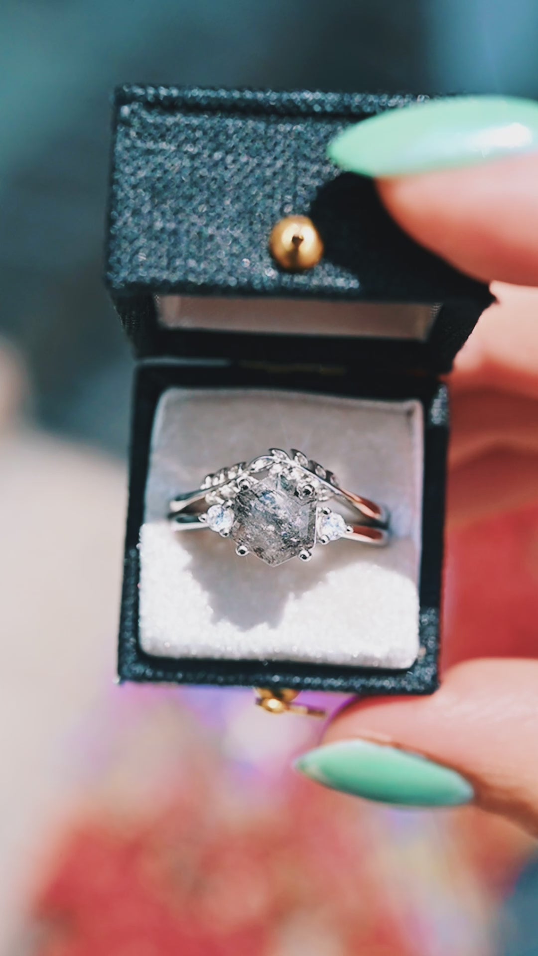 Galaxy Raw Salt & Pepper Diamond (Herkimer Diamond) Ring Set- 925 Sterling Silver