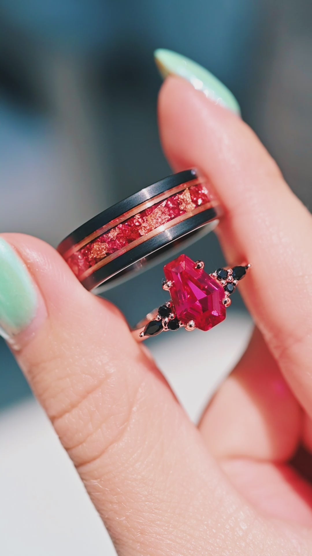 Coffin Cut Ruby and Rose Gold Leaf Couples Ring Set