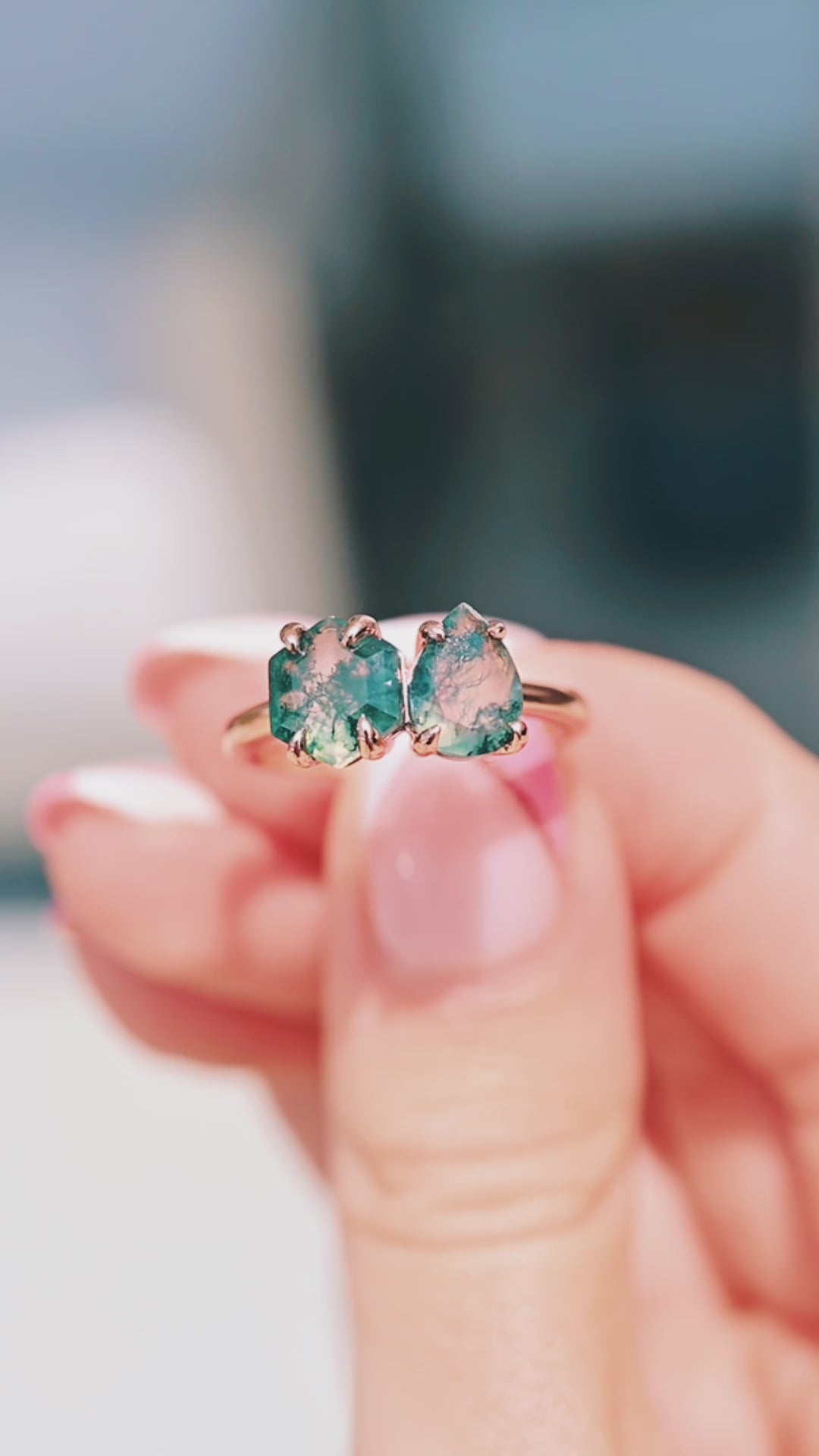 Toi Et Moi Green Moss Agate Ring- 14K Solid Rose Gold