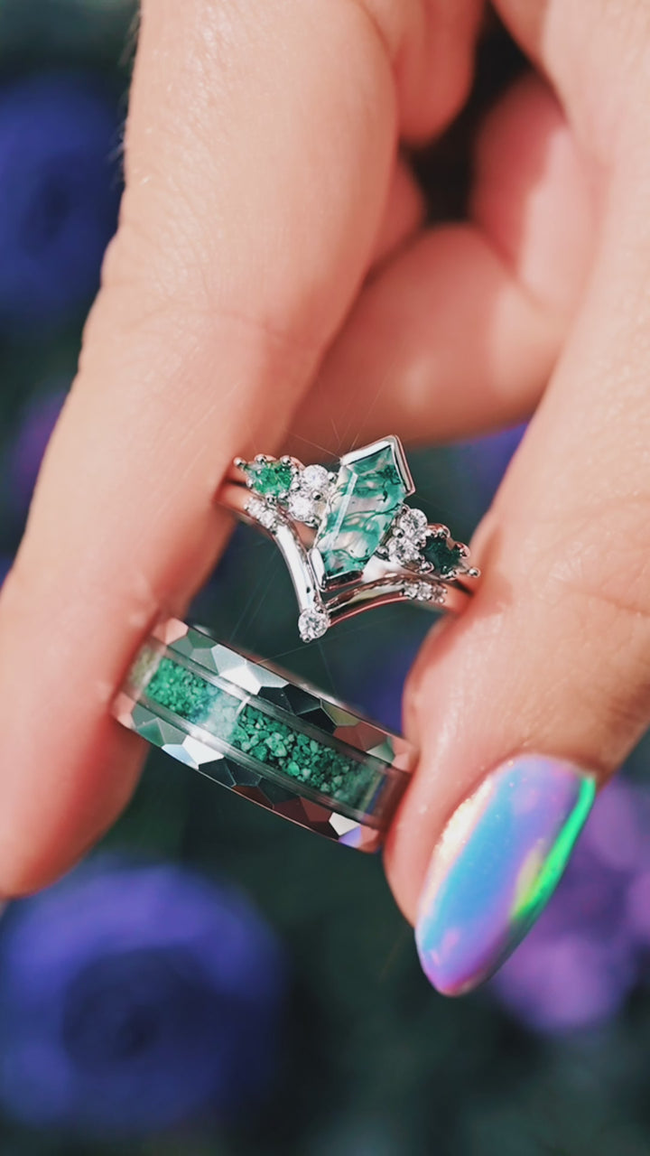 Green Moss Agate Couples Ring