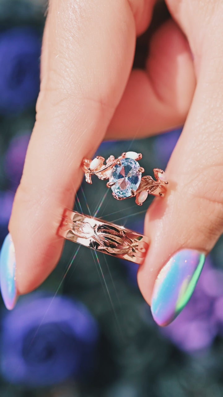 Aquamarine & Fire Opal Leaf Couples Ring