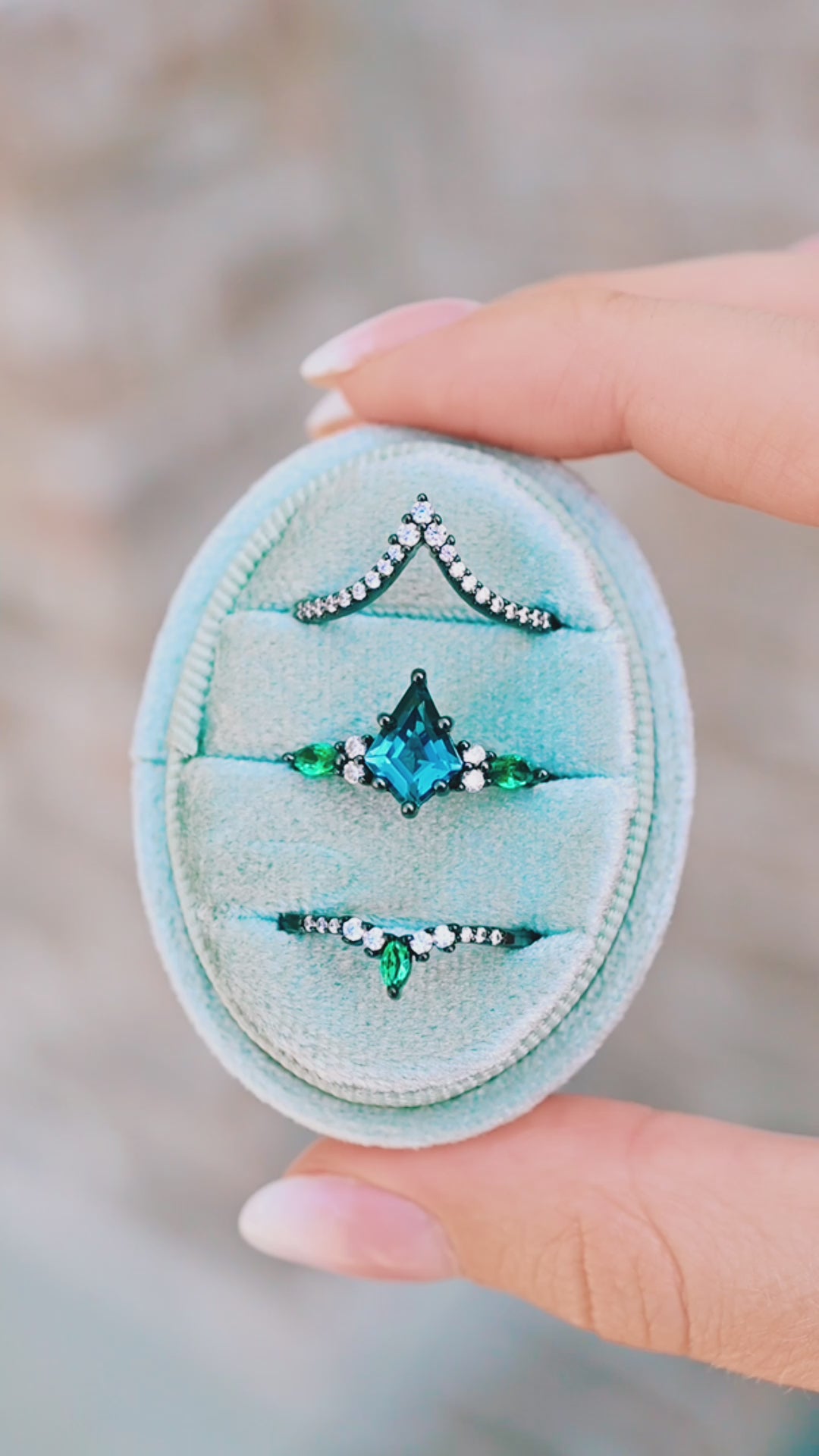 Skye Kite® London Blue Topaz & Emerald Ring Set- Black Ruthenium