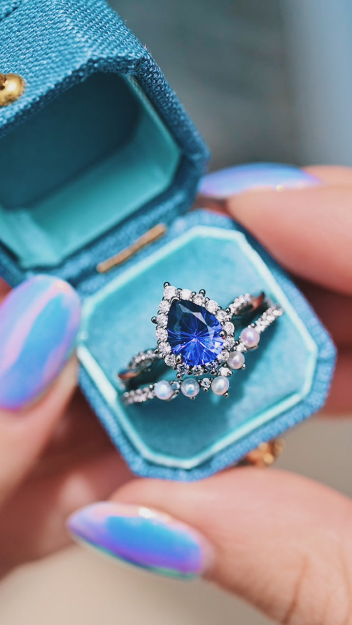 Briar Blue Sapphire and Pearl Engagement Ring Set in Black Ruthenium