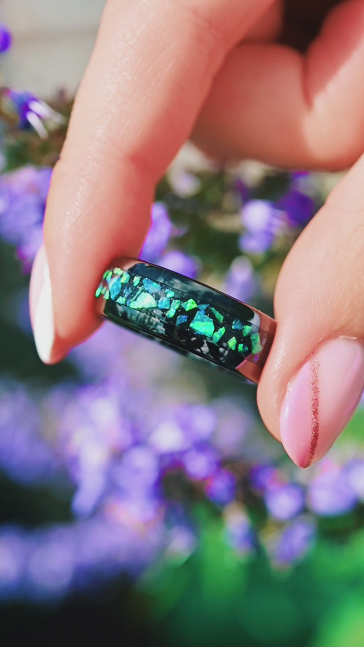 Green Fire Opal & Starry Night Wedding Band- 8MM Black Tungsten