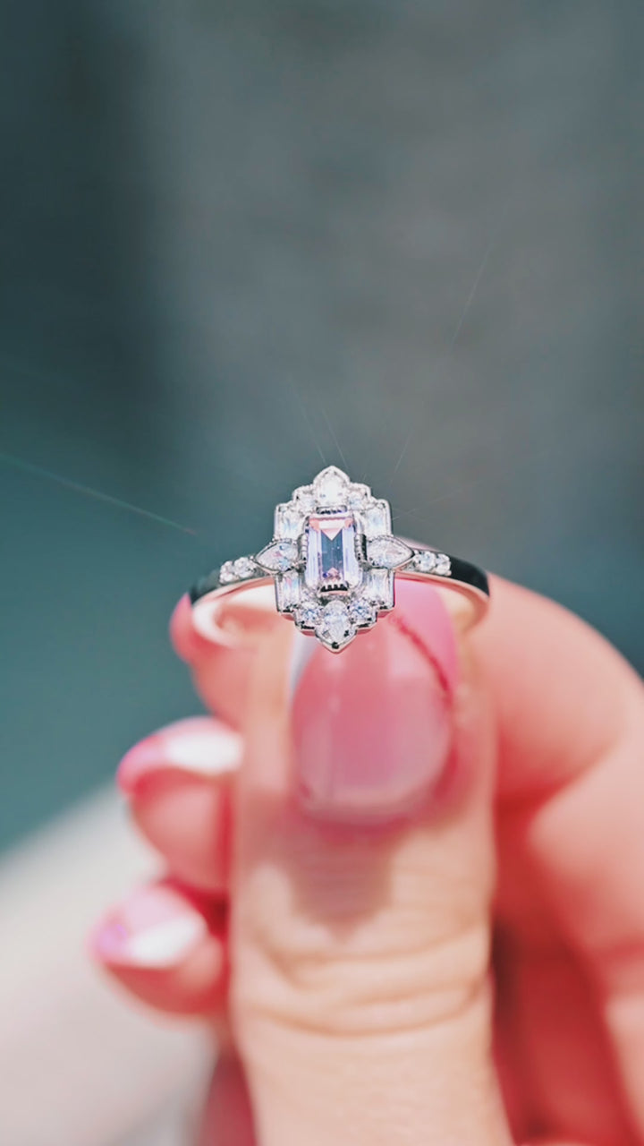 Art Deco Morganite Engagement Ring in Sterling Silver
