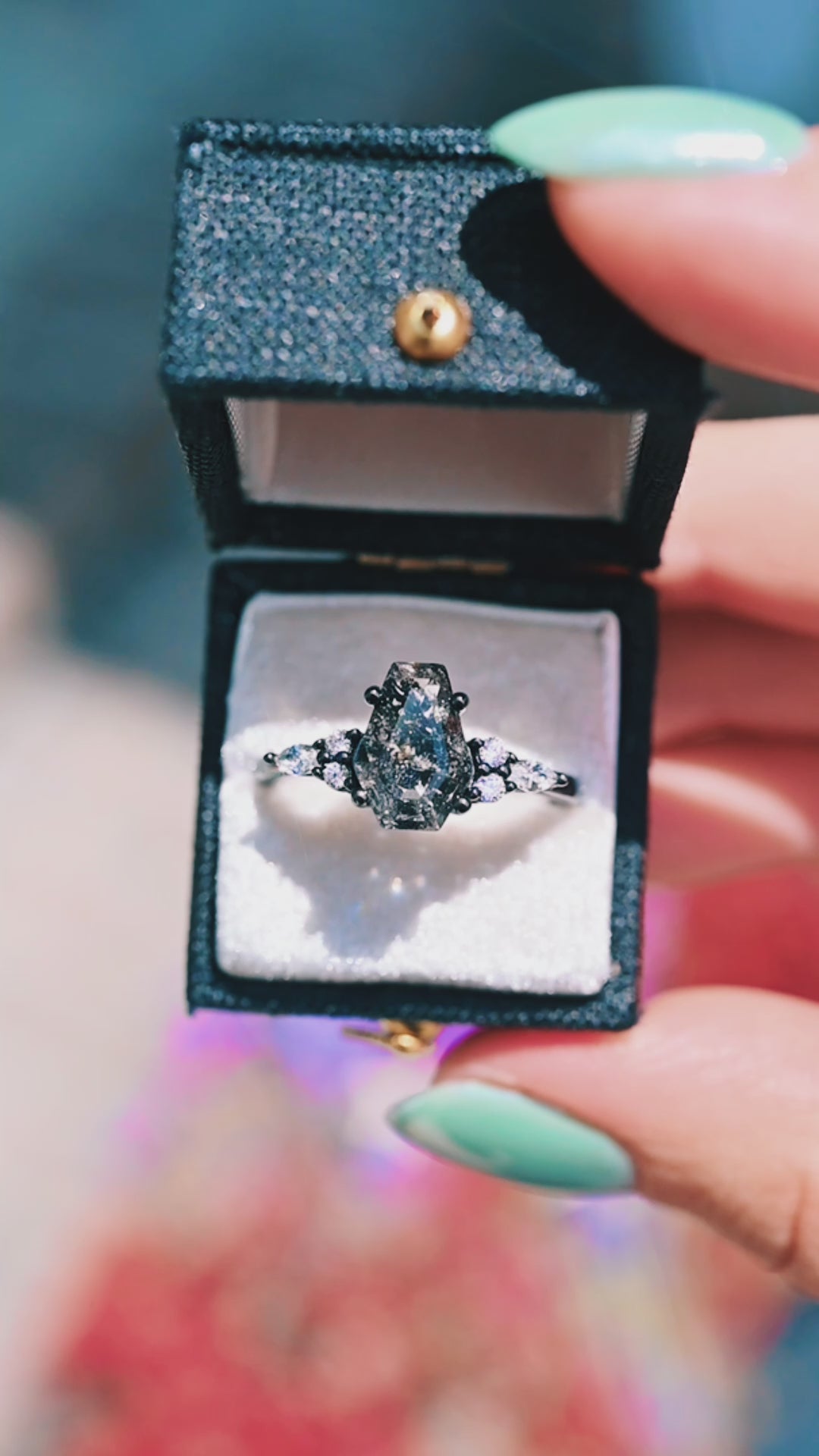 Galaxy Raw Salt & Pepper Diamond (Herkimer Diamond) Engagement Ring- Black Rhodium Filled
