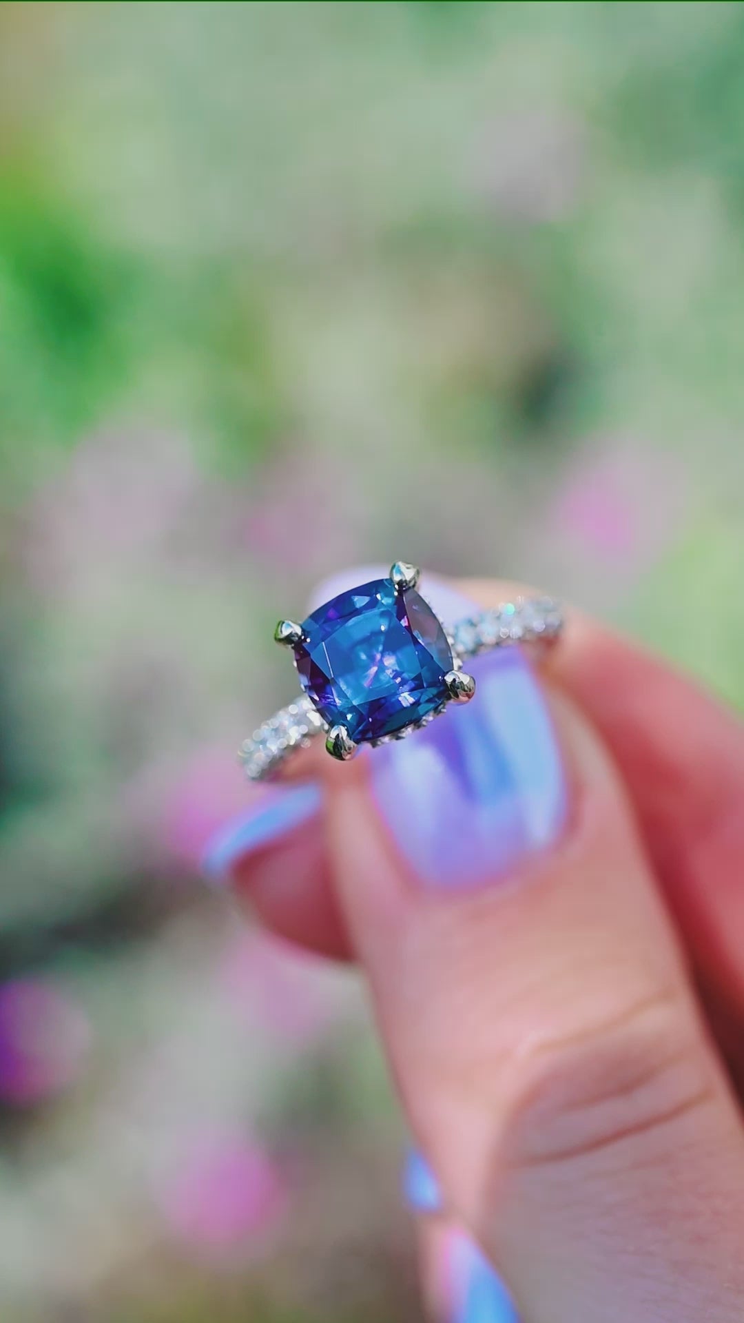 Cushion Cut Alexandrite Engagement Ring in Sterling Silver