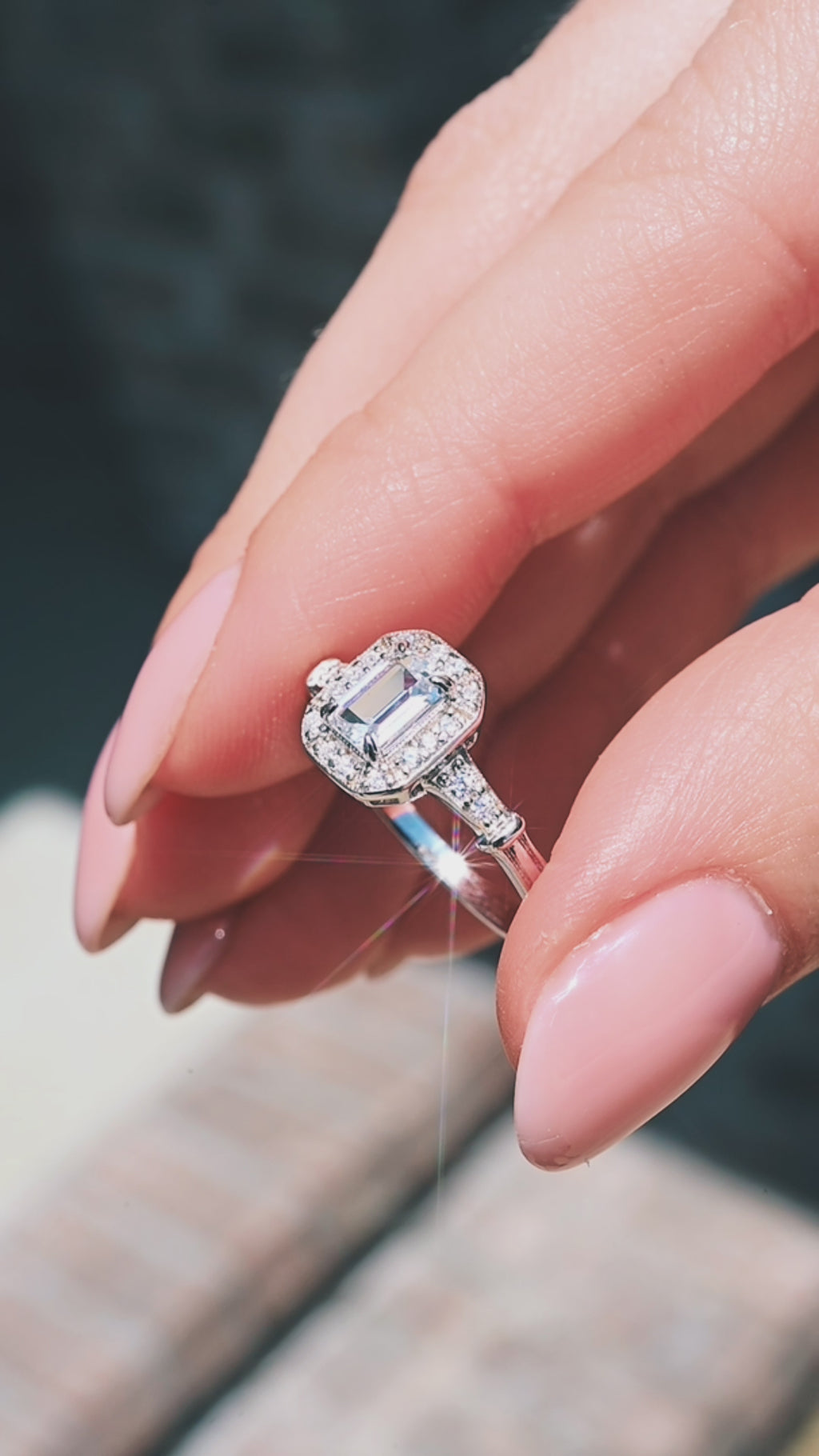 Video of a white sapphire ring in sterling silver by Aquamarise, shown sparkling in motion