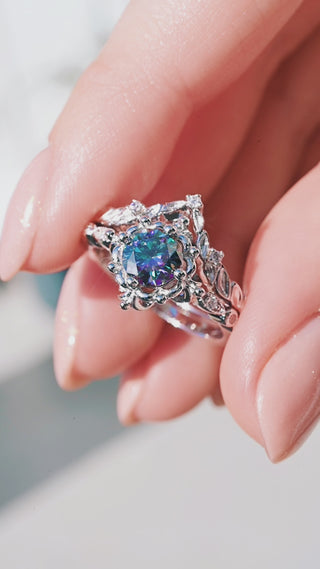 Rainbow Moissanite Engagement Ring Set