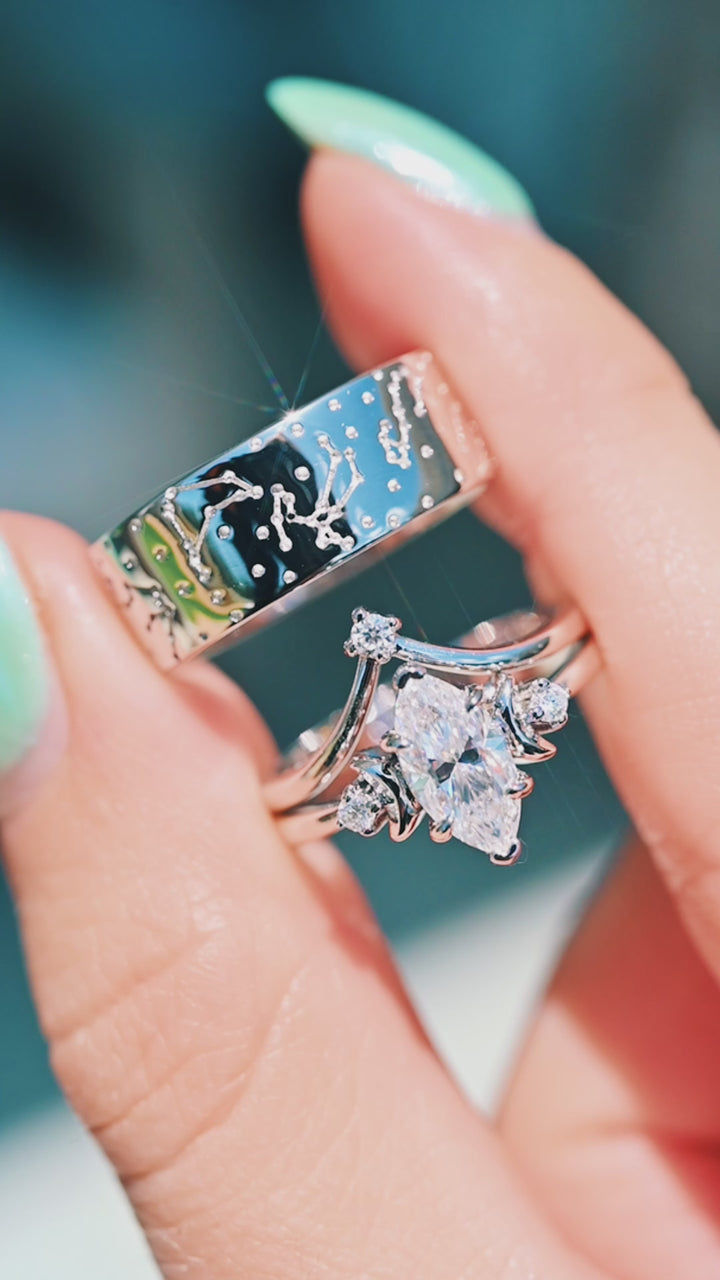 Moissanite Crescent Moon Ring Set in Sterling Silver
