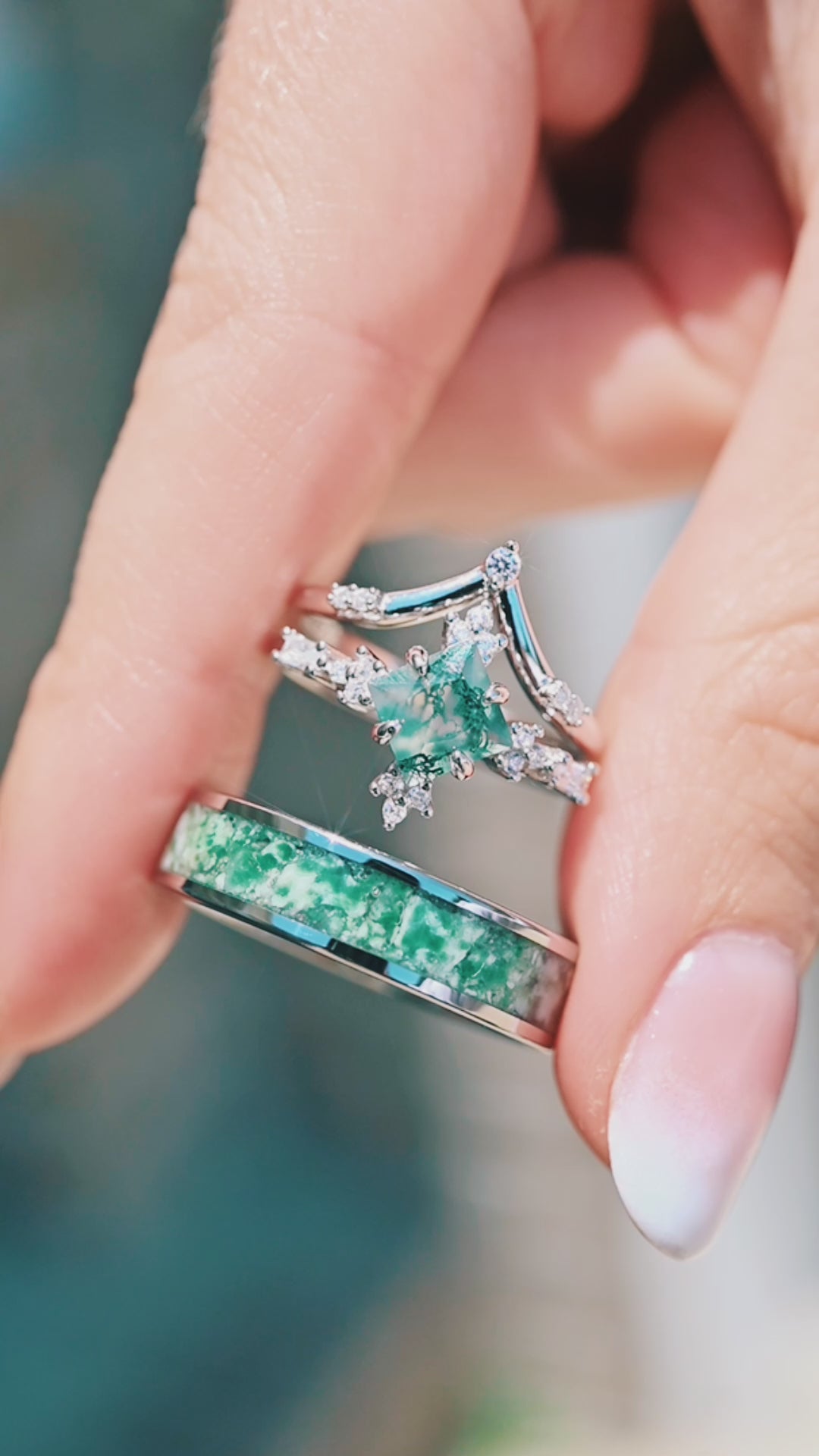 Natural Green Moss Agate Ring Set- Sterling Silver