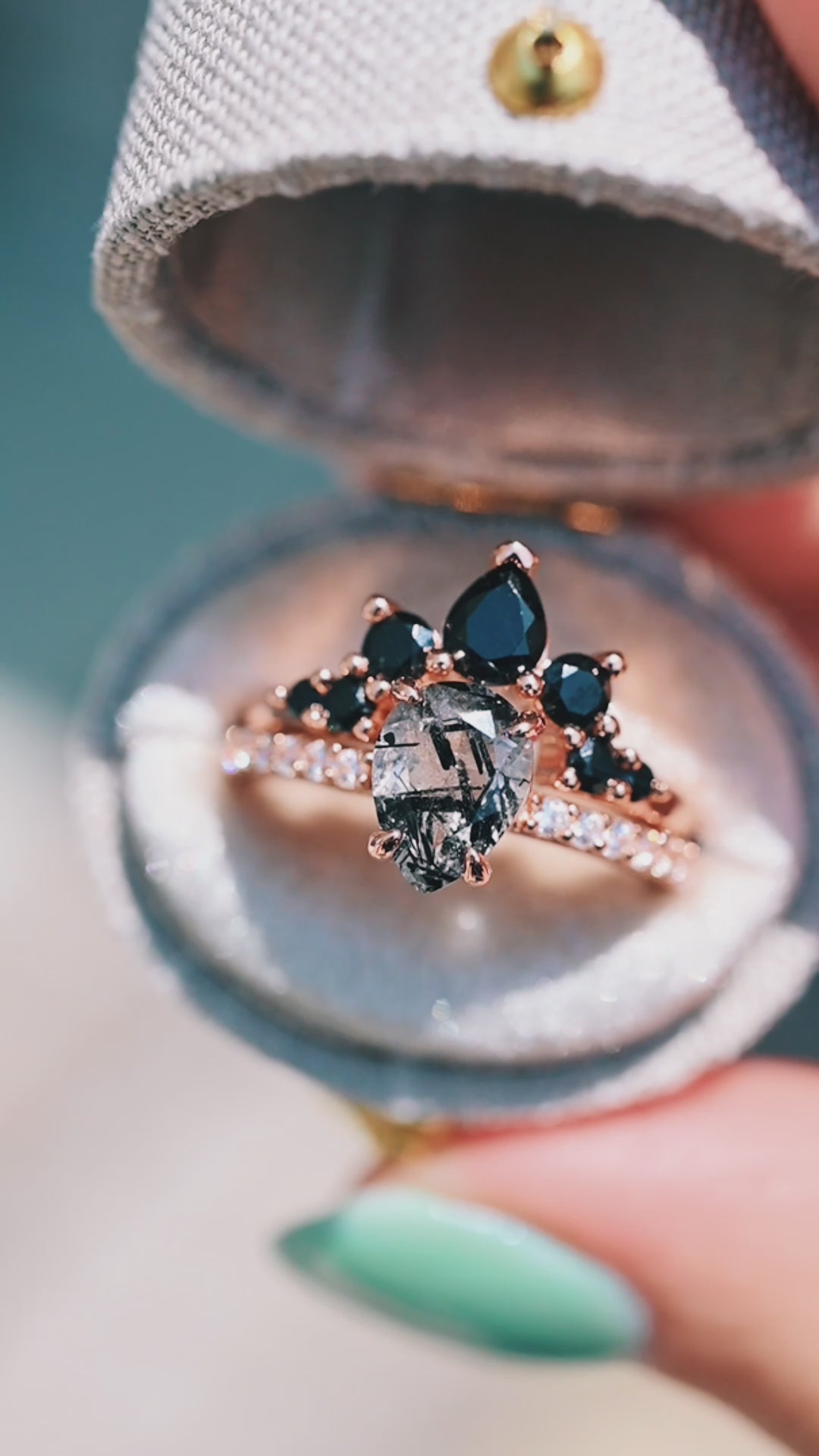 Rutilated Quartz & Black Onyx Ring Set- 14K Rose Gold Vermeil