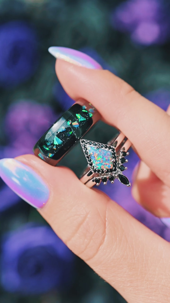Galaxy Fire Opal & Starry Night Couples Ring