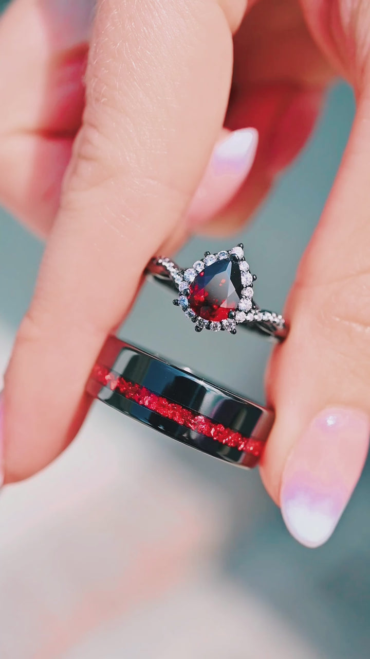 Crushed Red Garnet Wedding Band in Black Tungsten (8MM)