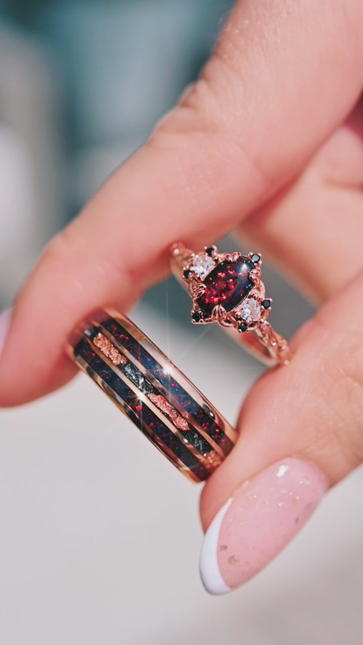 Black Fire Opal & Meteorite Couples Ring