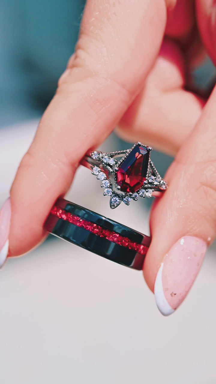 Lilith Red Garnet Coffin Ring Set in Black Ruthenium