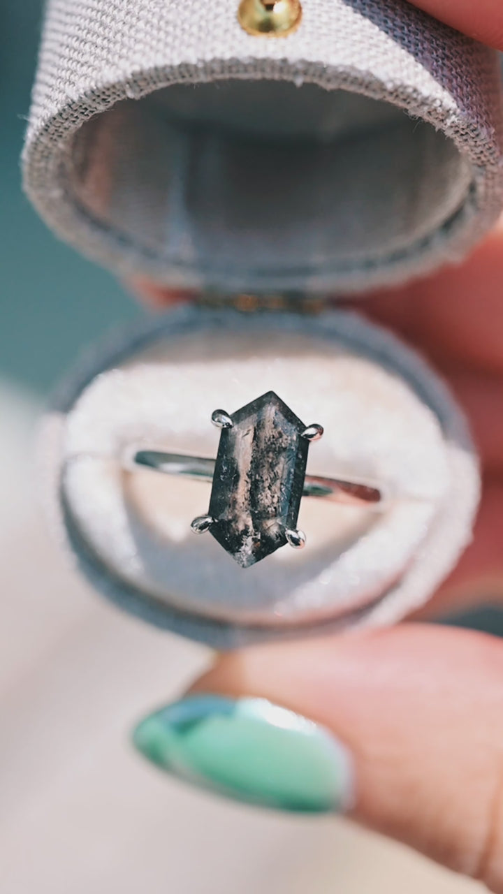Hexagon Galaxy Raw Salt & Pepper (Herkimer) Diamond Ring- Sterling Silver