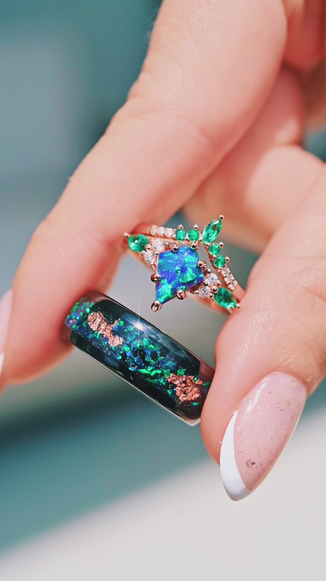 Peacock Green Fire Opal Wedding Band- 8MM Black Tungsten
