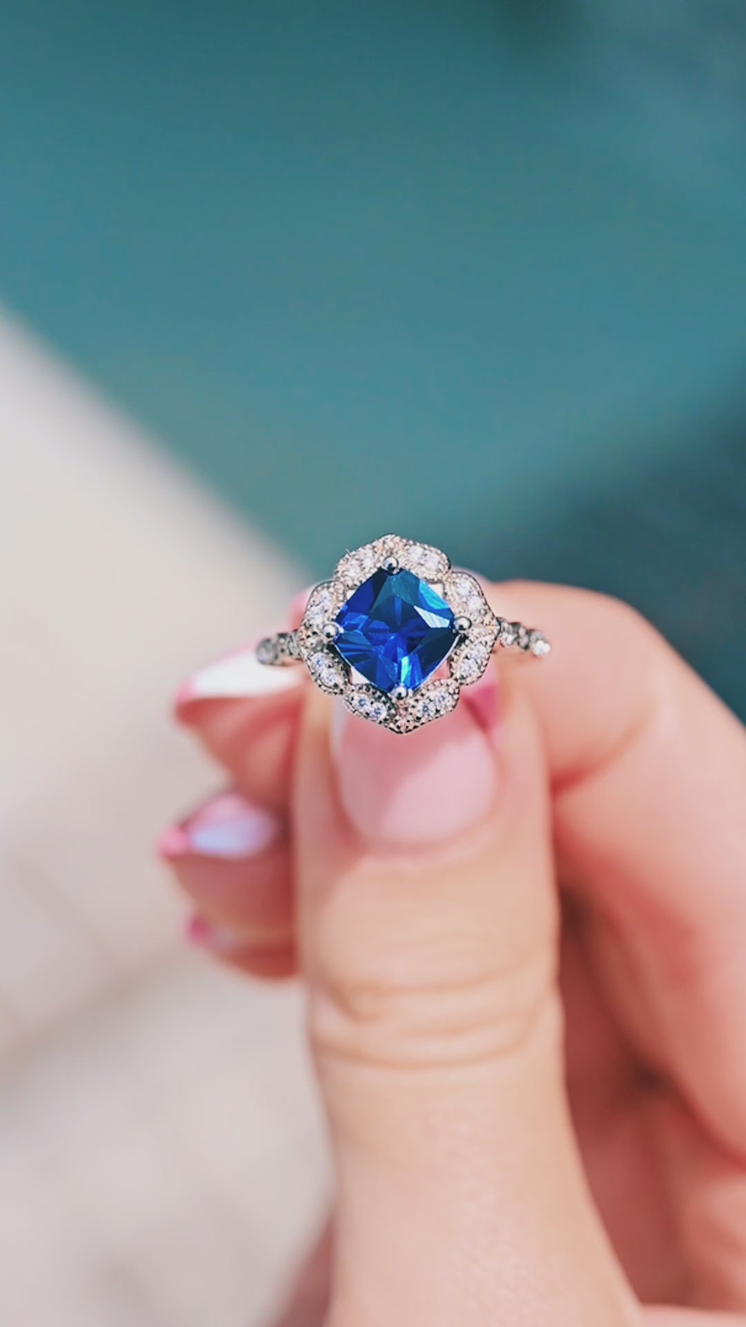 Luxe Cushion Cut Blue Sapphire Engagement Ring in Sterling Silver
