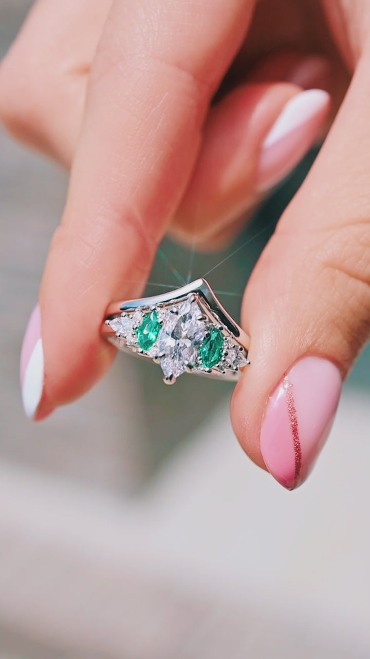 Emerie Moissanite & Emerald Engagement Ring Set- 14K White Gold