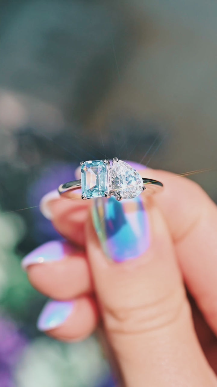 Toi Et Moi Aquamarine and Moissanite Ring- 14K White Gold
