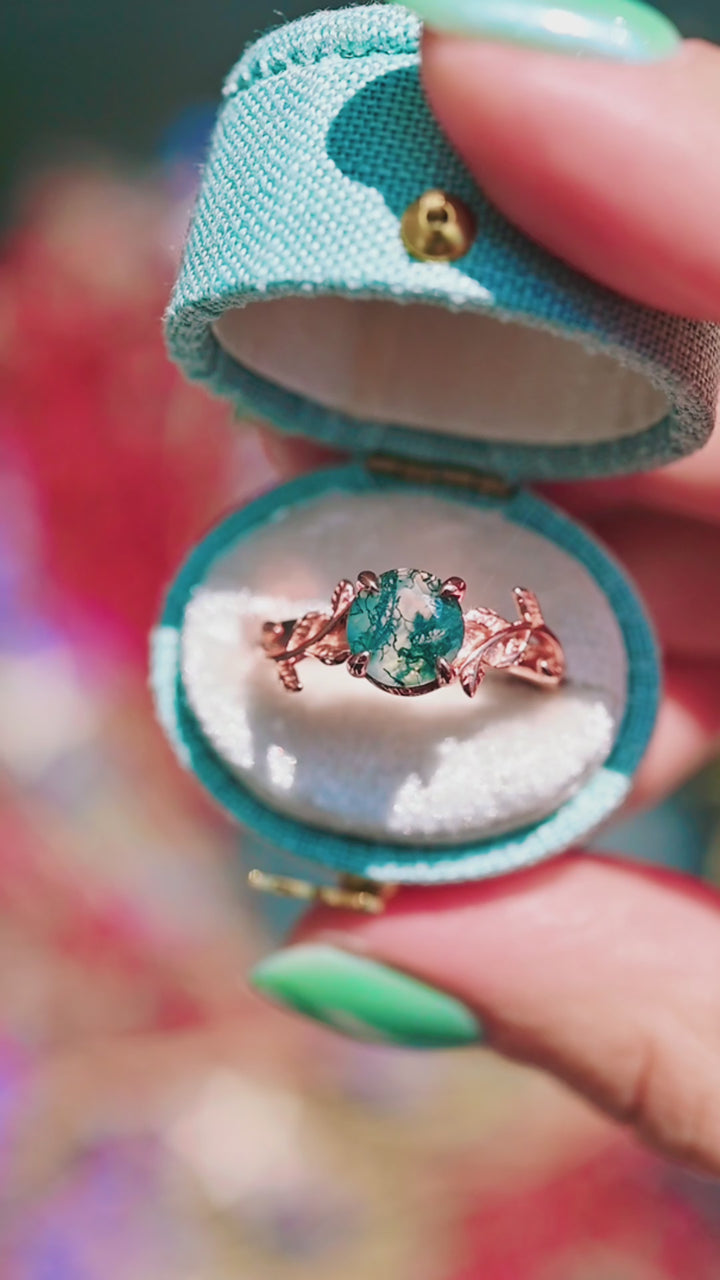 Natural Moss Agate Leaf Ring- 14K Rose Gold Vermeil