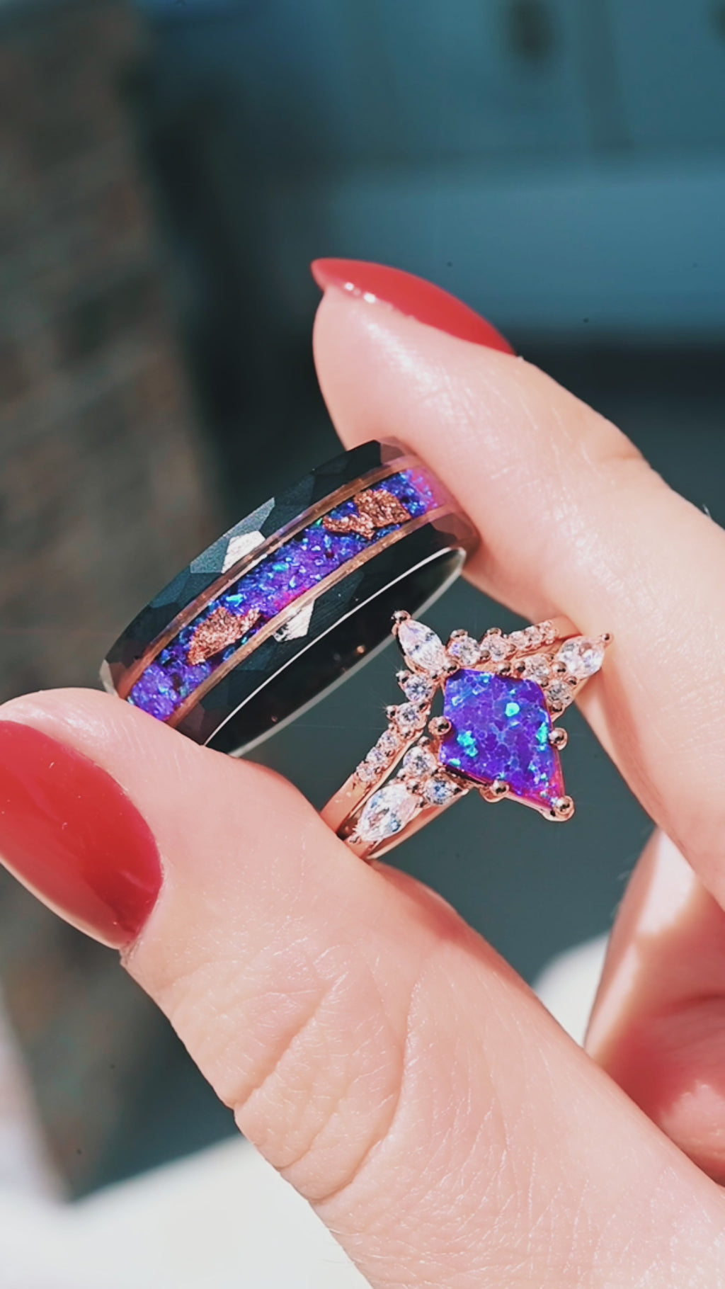 Video of the lavender opal couples ring set by Aquamarise, shown in motion