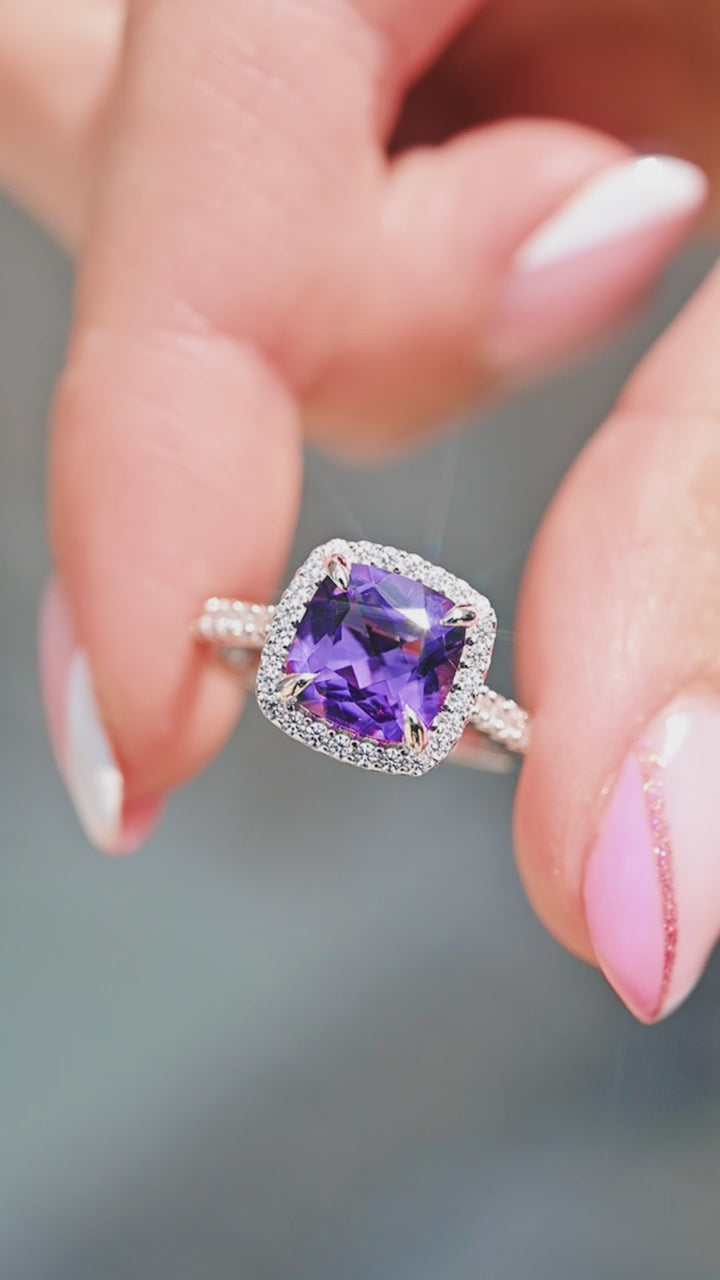Belle Cushion Cut Natural Amethyst Ring in Sterling Silver