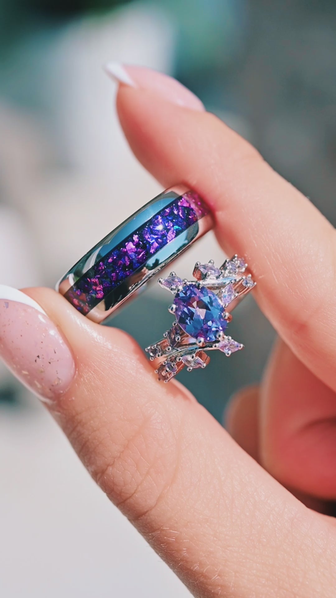 Alexandrite & Starry Night Leaf Couples Ring