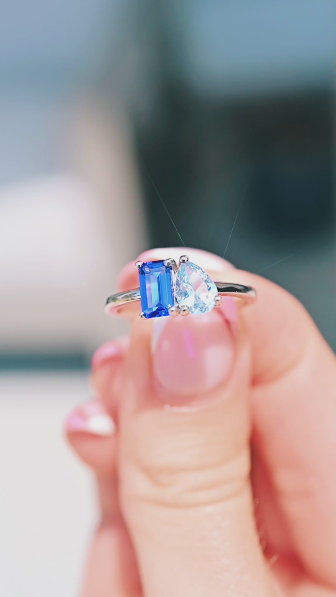 Toi Et Moi Blue Sapphire and Aquamarine Ring in Sterling Silver