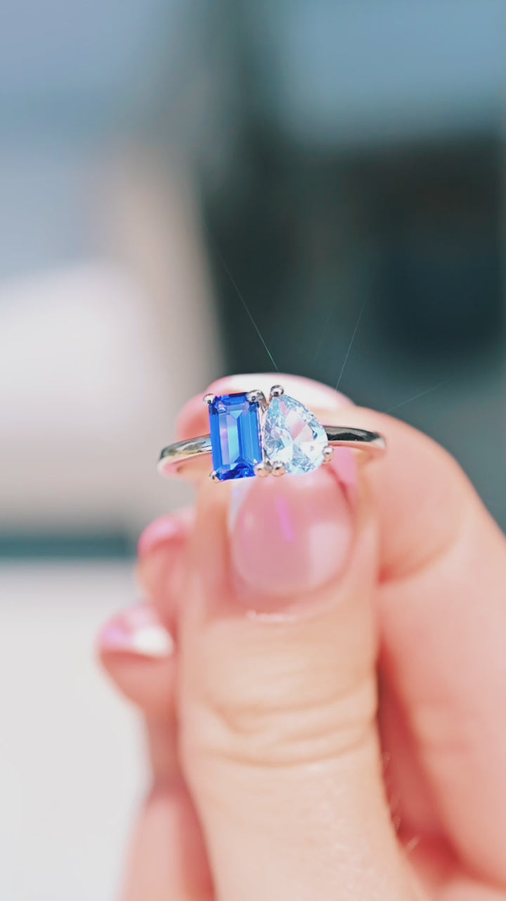 Toi Et Moi Blue Sapphire and Aquamarine Ring in Sterling Silver