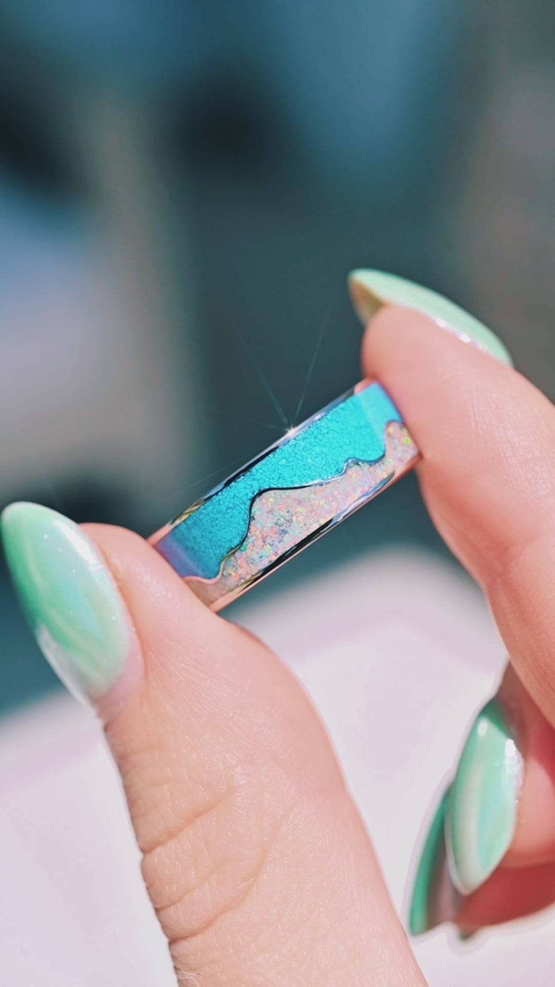 Turquoise & Fire Opal Mountain Wedding Band in Titanium (8mm)