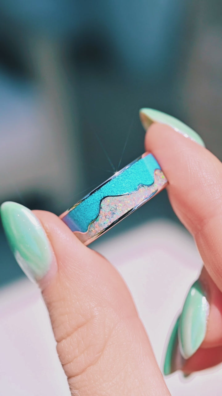 Turquoise & Fire Opal Mountain Wedding Band in Titanium (8mm)
