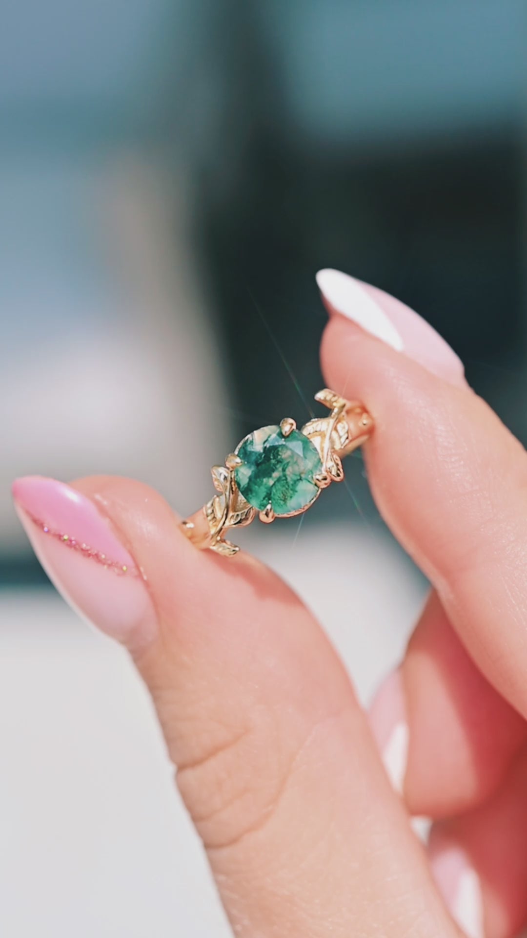 Natural Moss Agate Leaf Engagement Ring- 14K Yellow Gold Vermeil