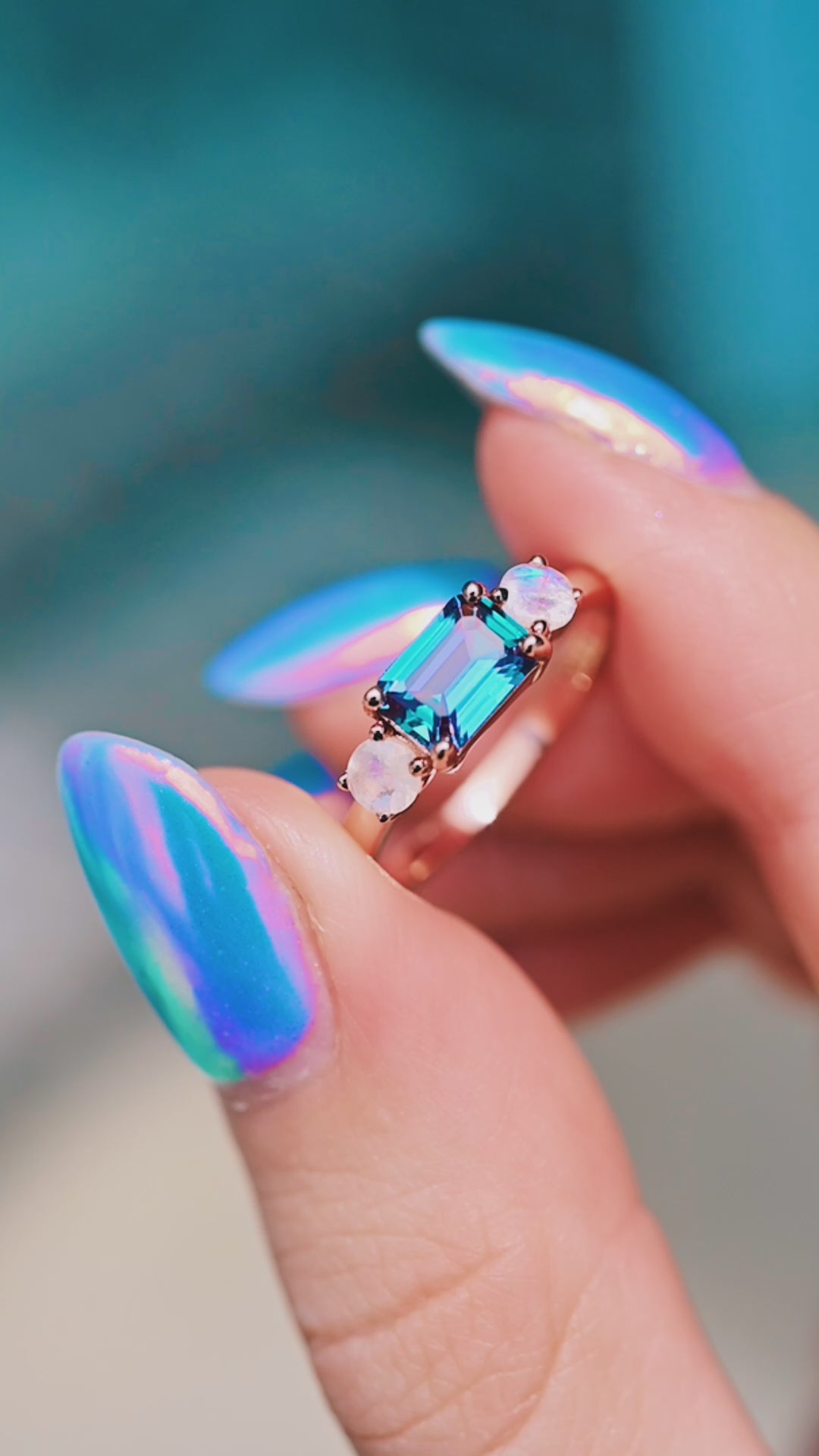 Minimalist Alexandrite & Moonstone Ring- 14K Rose Gold Vermeil