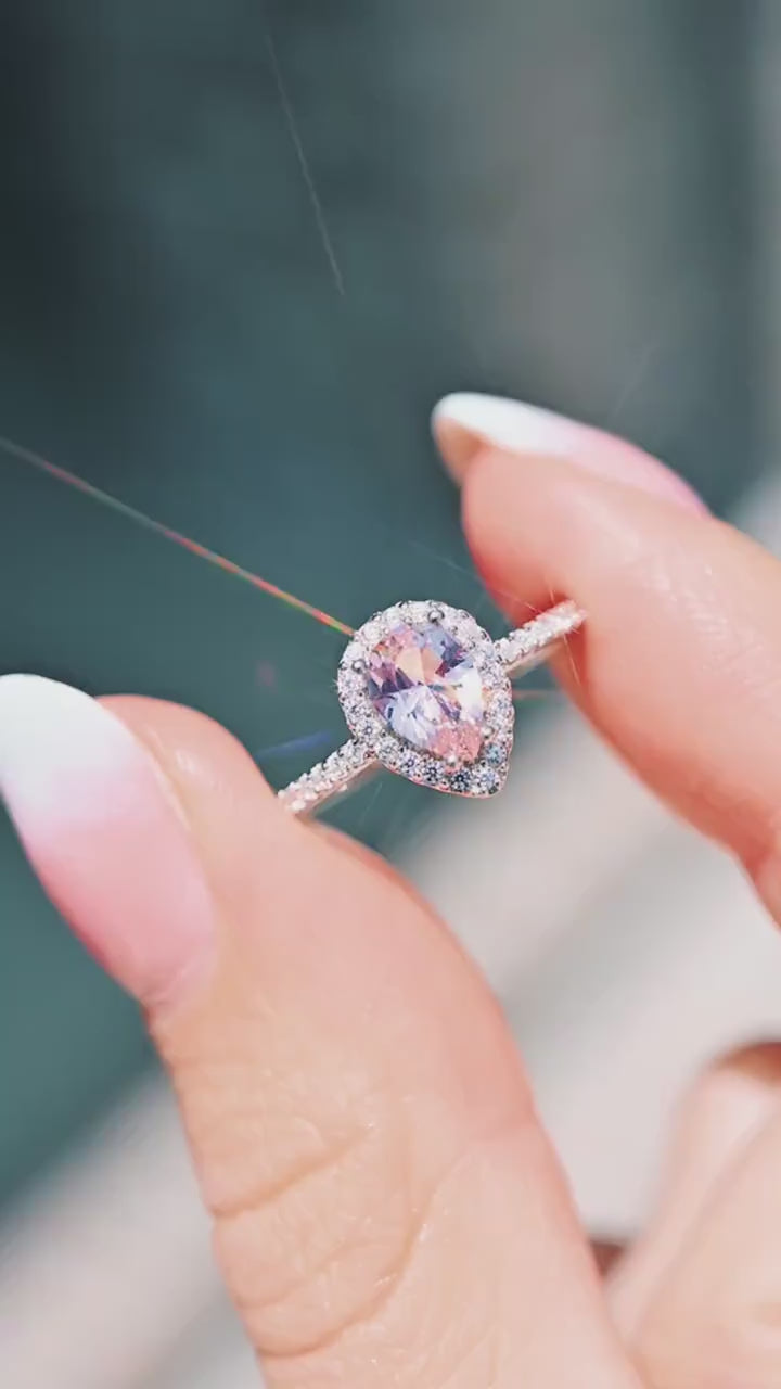 Video of a teardrop morganite ring by Aquamarise, shown in motion
