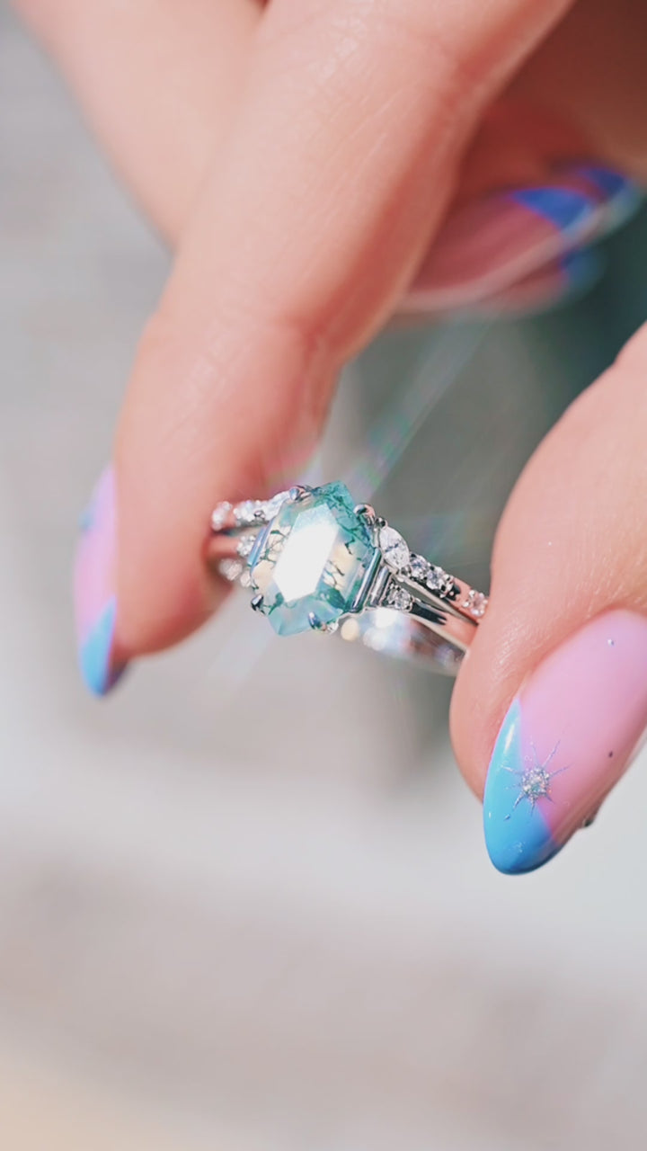 Hexagon Green Moss Agate Ring Set- 925 Sterling Silver