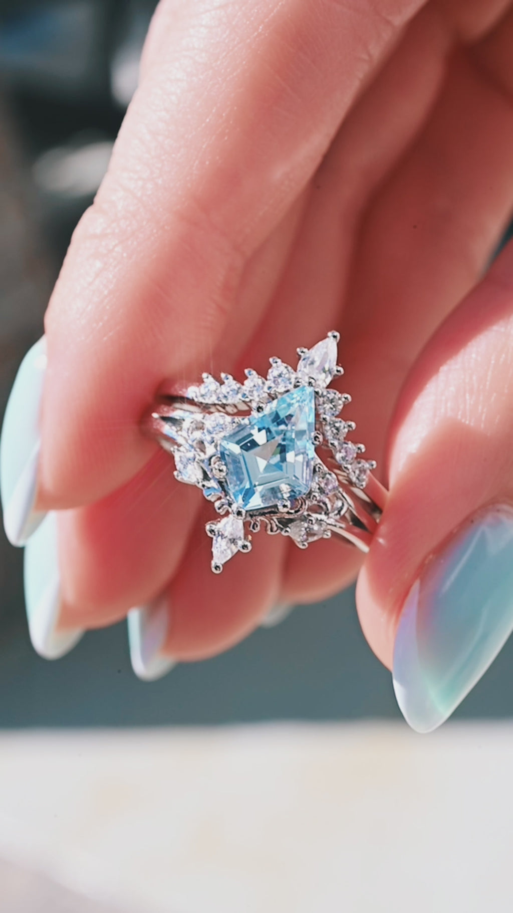 Elowen Kite Cut Aquamarine Engagement Ring Set in Sterling Silver
