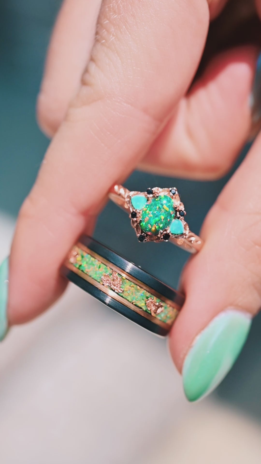 Green Fire Opal & Leaf Wedding Band- 8MM Rose Gold Tungsten