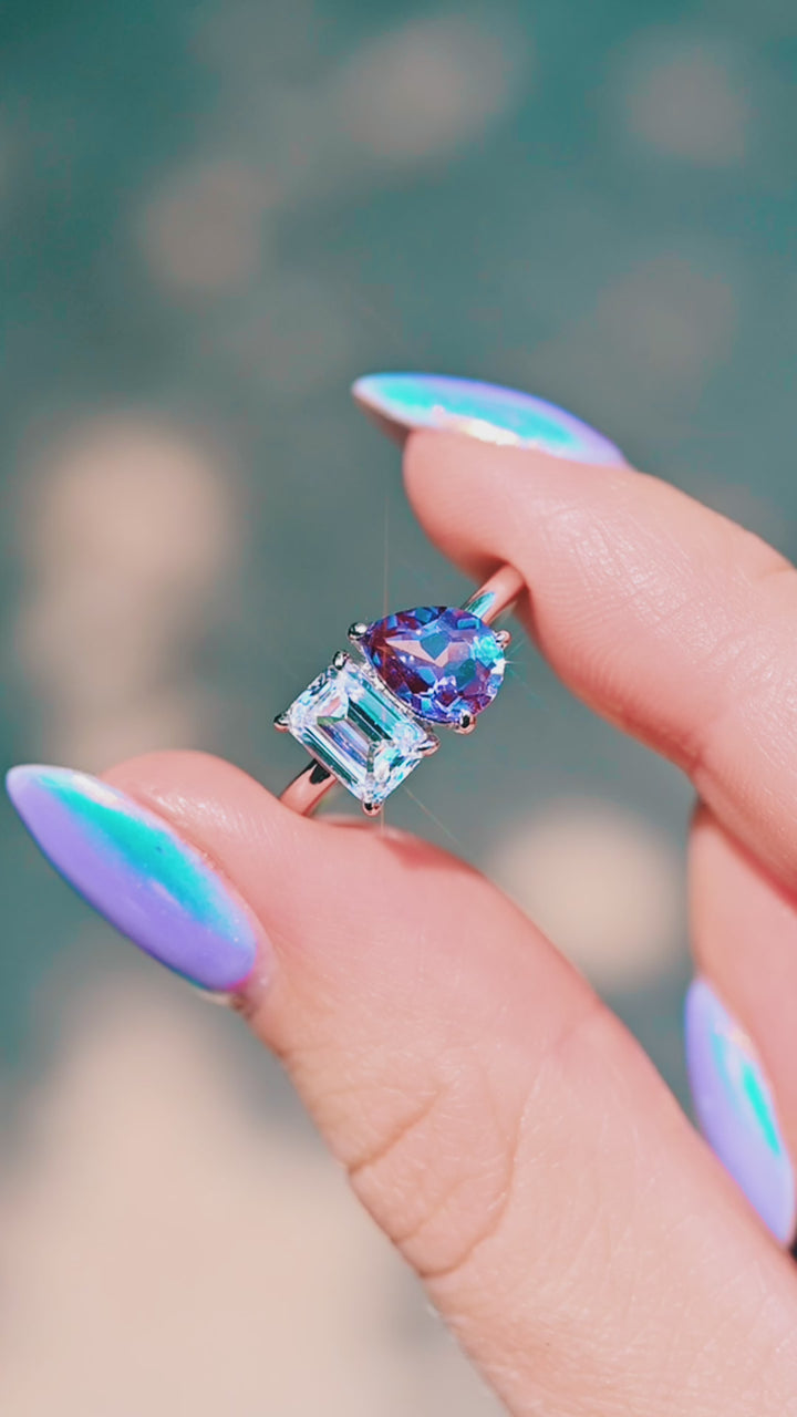 Toi Et Moi Alexandrite and Diamond Engagement Ring in 925 Sterling Silver