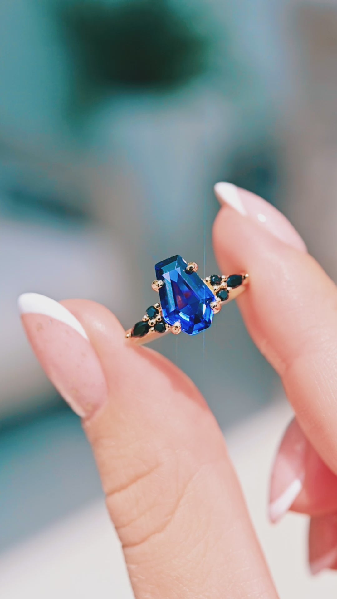 Coffin Cut Blue Sapphire & Black Onyx Engagement Ring in 14K Yellow Gold Vermeil