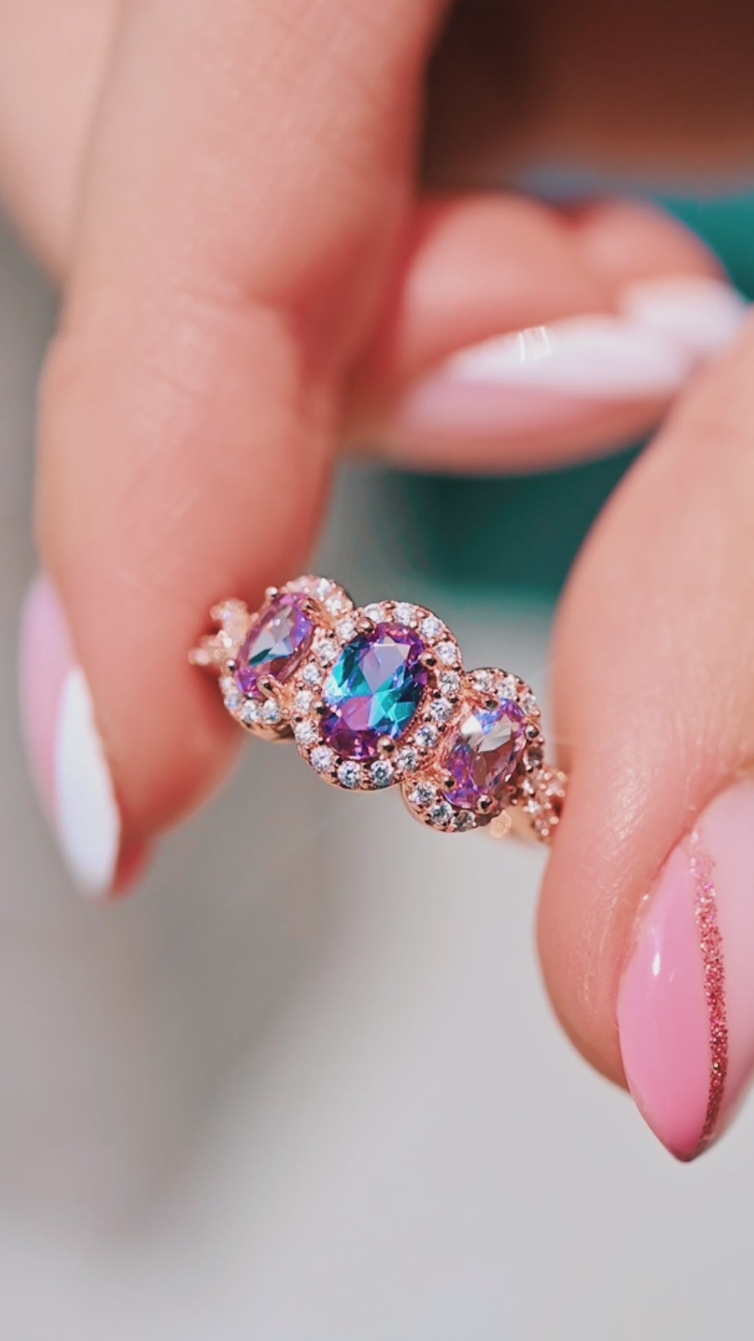 Three Stone Alexandrite Ring in 14K Rose Gold Vermeil