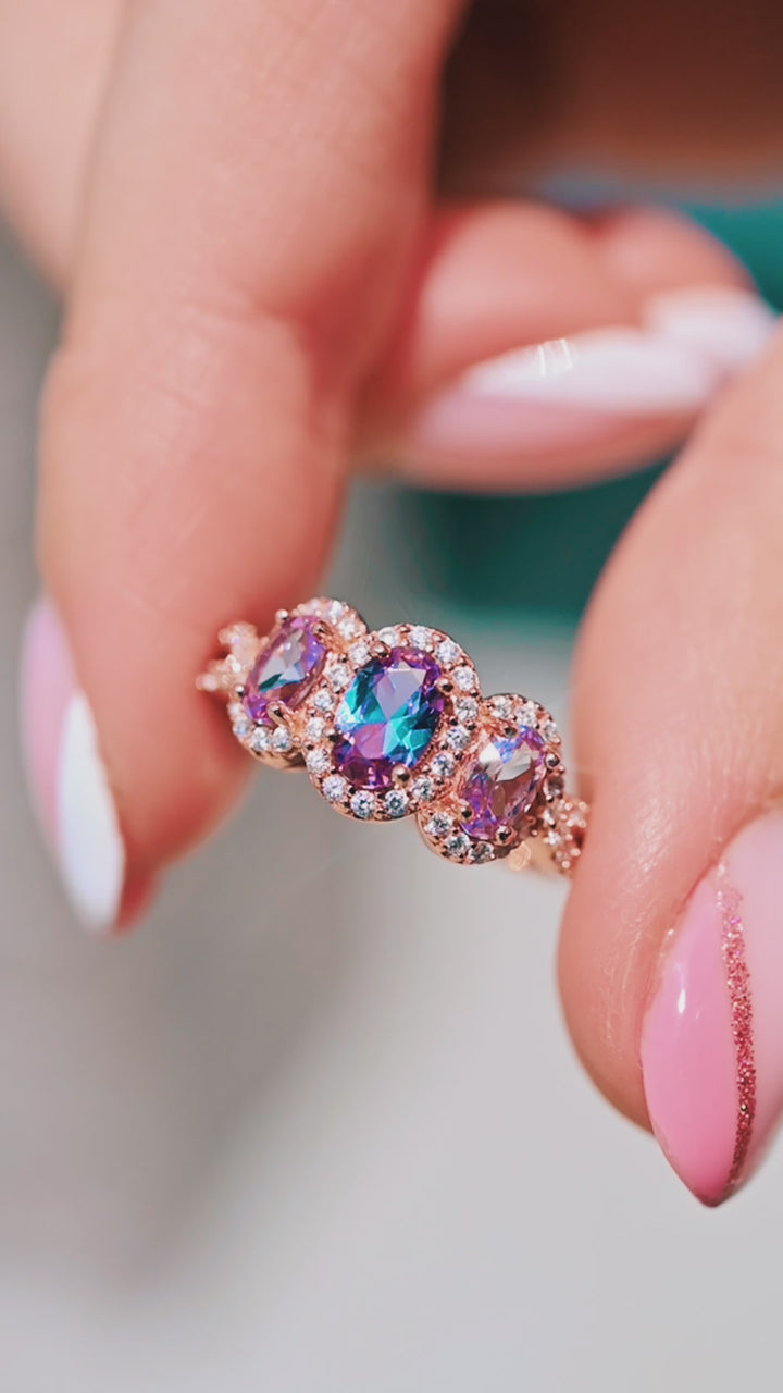 Three Stone Alexandrite Ring in 14K Rose Gold Vermeil